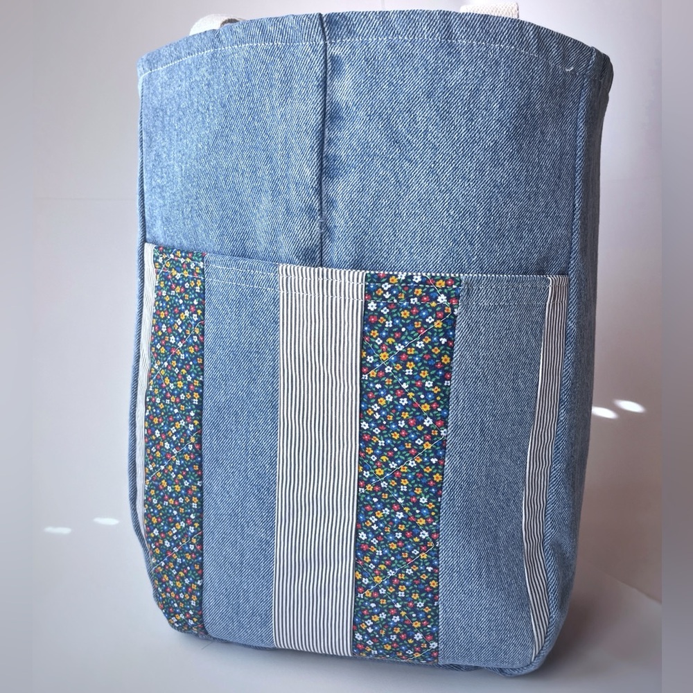 Denim Tote Bag with Floral Accents- Large